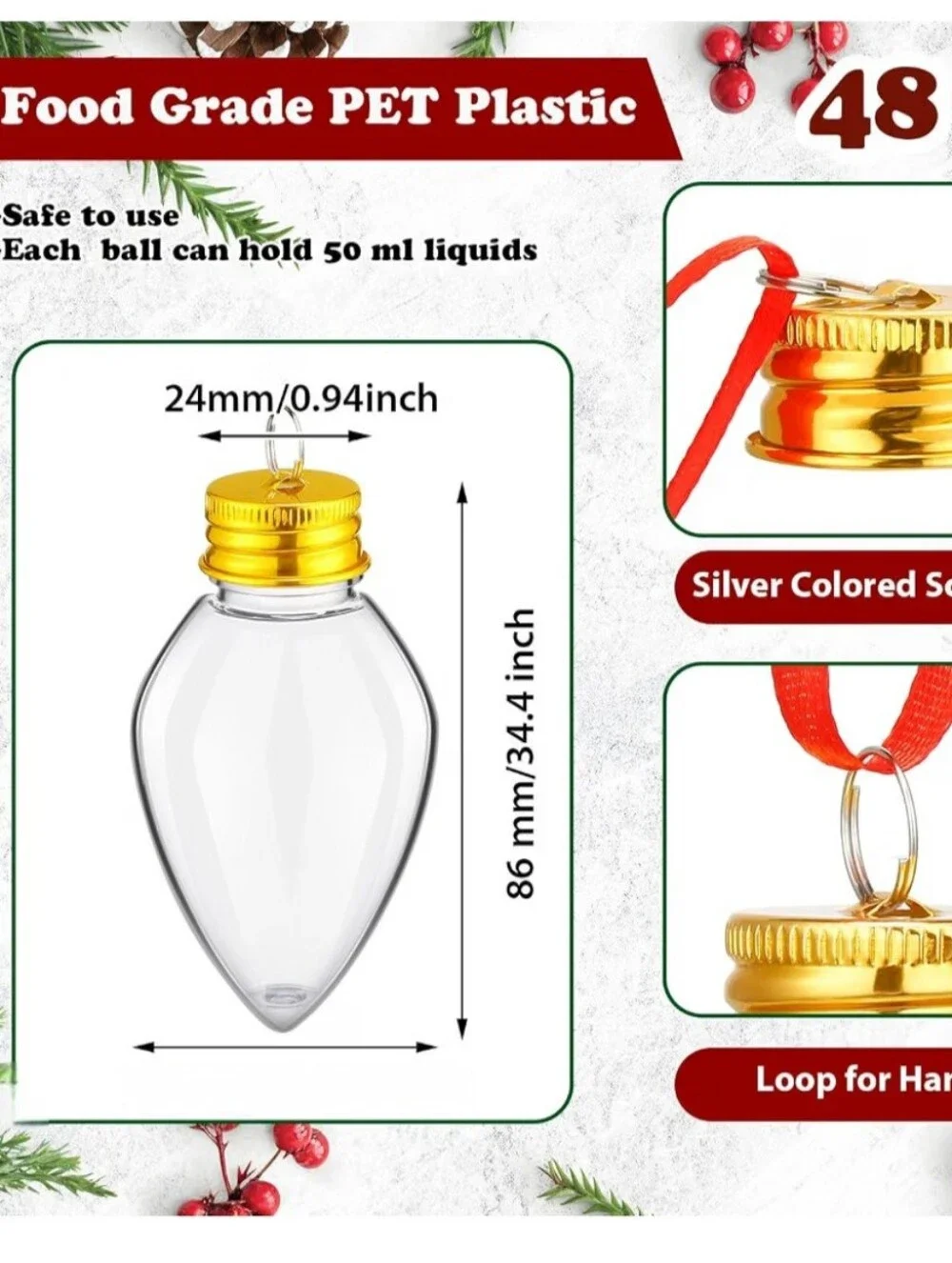 Clear Bulb Ornament Set with Gold Caps and Red Ribbons. 48 Pieces. NWT.